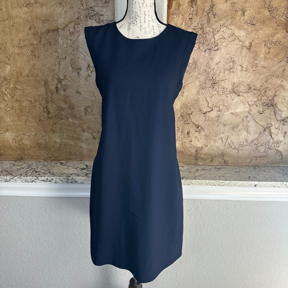 J Crew‎ Wool Sheath Dress Women 4 Work Belted Sleeveless Office Navy Blue Career
